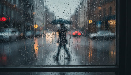 Atmospheric rainy weather scenes featuring wet urban streets  misty forests  and natural reflections.