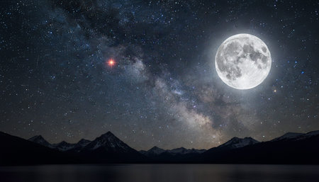 Majestic scenic landscapes under breathtaking celestial skies with galaxies, rainbows, and vibrant sunsets.