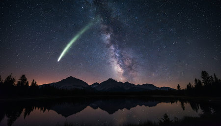 Majestic scenic landscapes under breathtaking celestial skies with galaxies, rainbows, and vibrant sunsets.