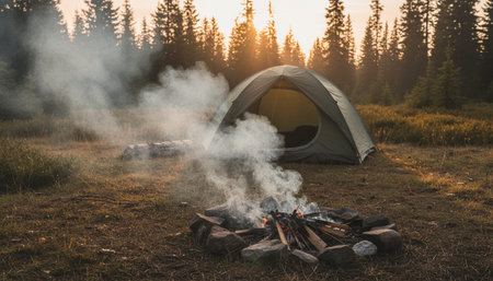 Cinematic atmospheric nature landscapes featuring cozy cabins, outdoor camping scenes, and ethereal light effects.