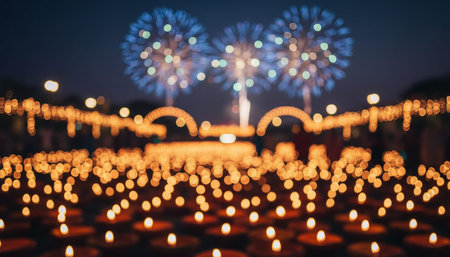 Magical night atmosphere with decorative lights, festive celebrations, and romantic scenery.