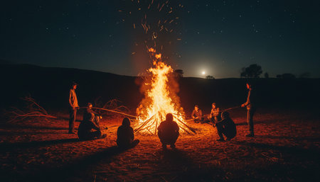 Outdoor Night Scene with Fire and Light