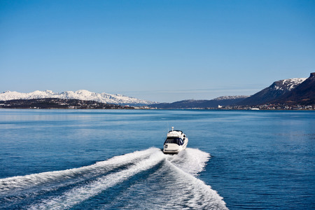 Motor boat at in sea landscape at spring