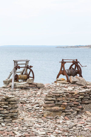 Boat winch on the beachの写真素材