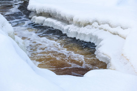 Open water at a river with snow and iceの写真素材