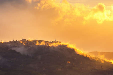 Dusk over a mountain villageの写真素材