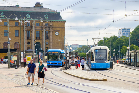 Tram stop with people in Gothenburg, Swedenのeditorial素材