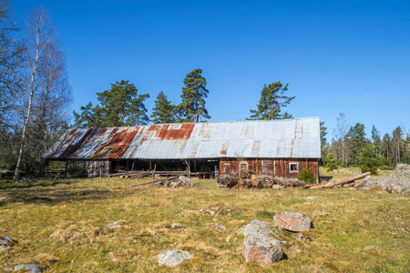 Old abandoned farmhouse on a meadow in springtimeの写真素材