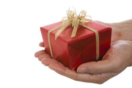 Red gift box over white backgroundの写真素材