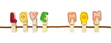 "Love MoM" phrase clip on the ropeの写真素材