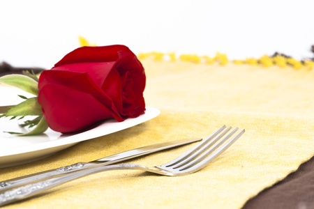Valentine Series, Red rose and cutlery on white plateの写真素材
