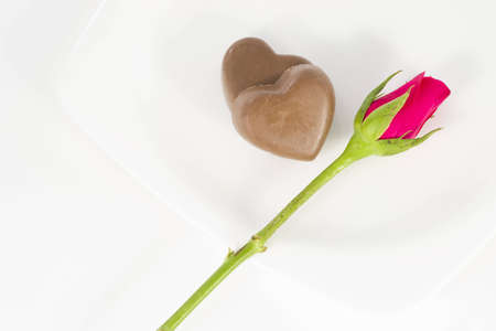 Chocolate heart and rose in the Valentine's Day, white background