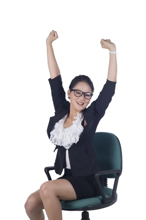 Success   winner business woman isolated white background  Celebrating happy young businesswoman in full length with her arms up の写真素材