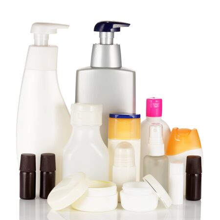 Set of cosmetic bottles isolated on white backgroundの写真素材