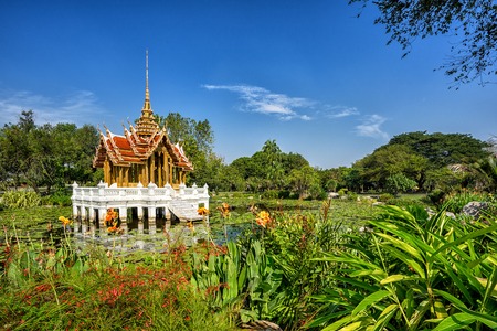 Thai style pavilion on the water at Rama 9 Garden Bangkok, Thailandの写真素材