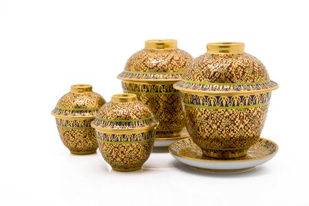 Antique Chinese tea bowl set,  isolated on white backgroundの写真素材