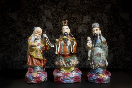 Still life of Three Chinese lucky gods, Fu Lu Shou statues, or Hock Lok Xiuの写真素材