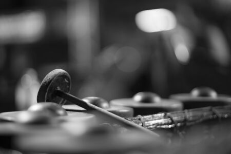 Still life of Gong Thai Musical Instruments, selective focus, Black and White image.の写真素材