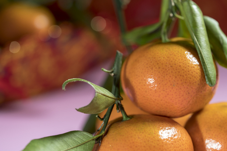 Chinese new year decorations, Orange on red background, Selected Focusの写真素材