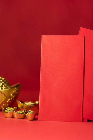 Chinese new year decorations, Auspicious ornaments on red background, Selected Focus, Chinese text mean Blessing wordの写真素材