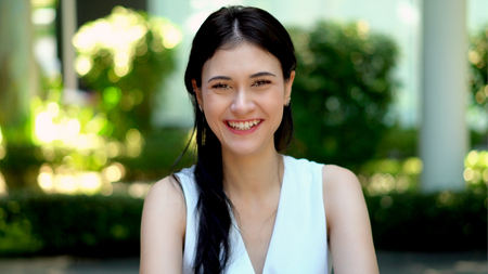The portrait of beautiful woman smiling with cheerful and looking to a cameraの写真素材