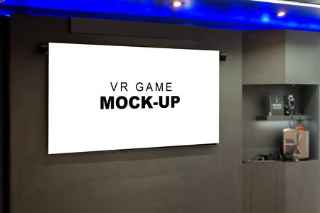 Mock up horizontal blank VR Game screen hanging on the wall in showroom, empty space for insert media information show and presentation playing testの写真素材