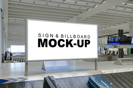 Perspective mock up blank large horizontal billboard at baggage claim point in airport terminal, empty space for advertising or public information, advertisement conceptの写真素材