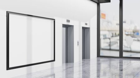 Mock up blank signboard on the wall at near elevator in building, empty space for insert advertising or announcement information, 3D rendering, 3D illustrationの写真素材