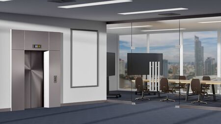 Perspective with front of elevator on high floor, Mock up large frame for insert painting, modern conference room with glass panel, blue carpet and blurred cityscape, 3D renderingの写真素材