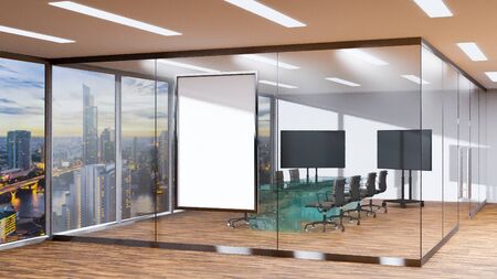 Modern conference room interior with panoramic view, Workplace with glass panel on wooden floor and two monitors in meeting room, glass windows with blurry cityscape on evening time, 3d renderingの写真素材