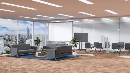 Perspective of modern interior workplace with conference in glass room, and waiting room with black couch, blurred cityscape with daylight, 3D renderingの写真素材
