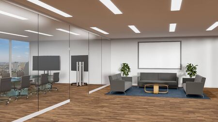 Perspective of modern interior workplace with conference in glass room, and waiting room with black couch, blurred cityscape with daylight, 3D renderingの写真素材