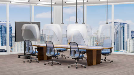 Perspective meeting room decorating with Social distancing to protect from virus, 3D illustration design with glass panel, blurred cityscape, 3D rendering New normal office conceptの写真素材