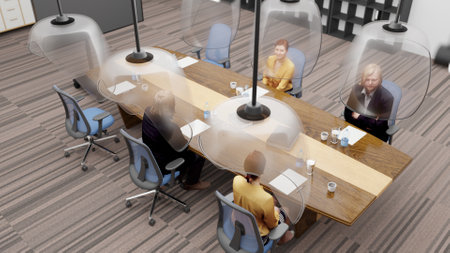 Top view teamwork's sitting and discussing in meeting room decorating with Social distancing 3D rendering, New normal office concept design with glass panel, 3D illustrationの写真素材