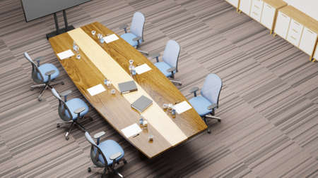 Top view meeting room preparing water, coffee, folder place on table before meeting time, 3D rendering, design 3D illustrationの写真素材