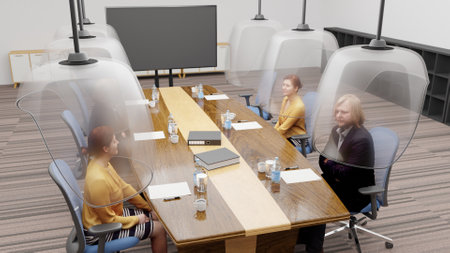 Panoramic view workers sitting and discussing in meeting room decorating with Social distancing 3D rendering, New normal office concept design with glass panel, 3D illustrationの写真素材