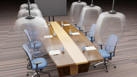 Panoramic view meeting room decorating with Social distancing to protect from  virus 3D rendering, New normal office concept design with glass panel, 3D illustrationの写真素材