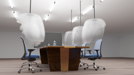 Panoramic view meeting room decorating with Social distancing to protect from  virus 3D rendering, New normal office concept design with glass panel, 3D illustrationの写真素材