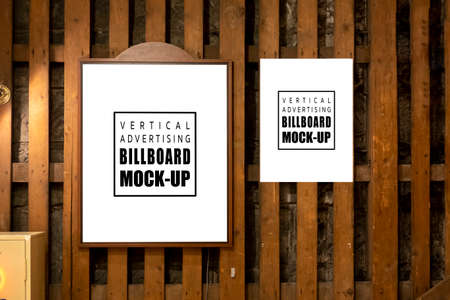 Mock up vertical signboard  ,  two size of banner hanging on wooden panel of restaurant, Empty space...