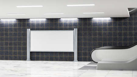 3D illustration, large blank advertising billboard near the basement escalator in transport...