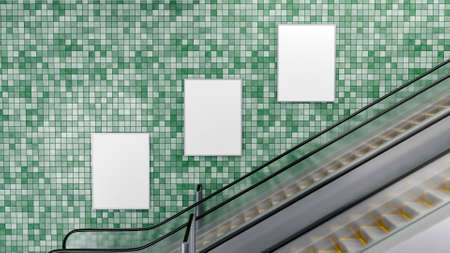 3D illustration, Blank three Mock-up Poster advertising arrange on green mosaics wall beside the escalator, Empty space to insert advertising or announcement on public, renderingの写真素材