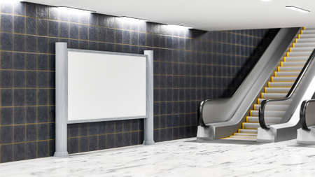 3D illustration, Perspective large blank advertising billboard near basement escalator in transport building, Empty space to insert advertisement or information announcement on public, renderingの写真素材
