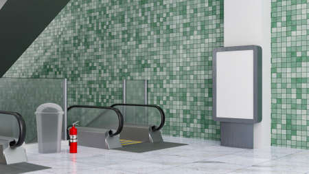 3D illustration, blank mock-up signboard stand front of big pole near mosaics wall,  fire extinguisher and trashcan between two escalator, Empty space to insert advertising or announcement, renderingの写真素材