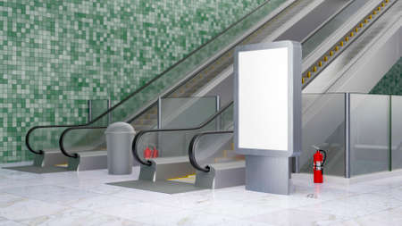 3D illustration, blank billboard near green wall and signboard stand, fire extinguisher and trashcan near escalator, Empty space to insert advertising or announcement on public, renderingの写真素材
