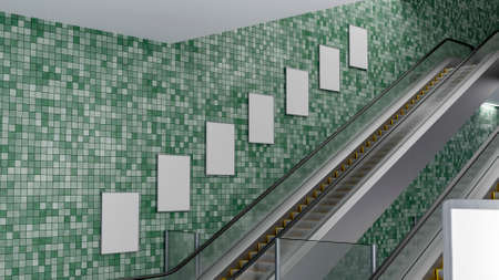 3D illustration, Blank seven mock-up poster advertising arrange on green mosaics wall beside escalator, panoramic view, Empty space to insert advertising promotion or announcement on public, renderingの写真素材