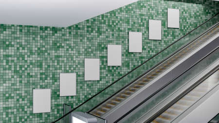 3D illustration, Blank seven mock-up poster advertising arrange on green mosaics wall beside escalator, panoramic view, Empty space to insert advertising promotion or announcement on public, renderingの写真素材