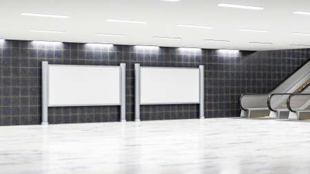 3D illustration, Panoramic two large mock up blank advertising billboard near basement escalator in building, Empty space to insert advertisement or information announcement on public, renderingの写真素材