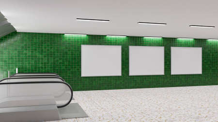 3D illustration, panoramic view three blank horizontal signboard on green wall near escalator in...