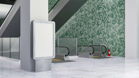 3D illustration, blank mock-up signboard stand front of big pole near escalator, fire extinguisher...