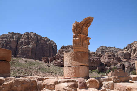 The ruins of the great temple with walls, stairs and columns in Petra, Wadi Musa, Jordanの写真素材